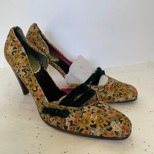 Vintage Y2K d'Orsay Pump Yellow Floral Corduroy Cone Heel Pump Green Velvet  9.5
